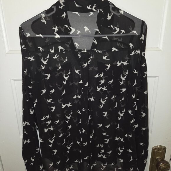 Express The Portfolio Button Up Blouse - Women's Small - Black w/ White Swallows - Picture 2 of 4